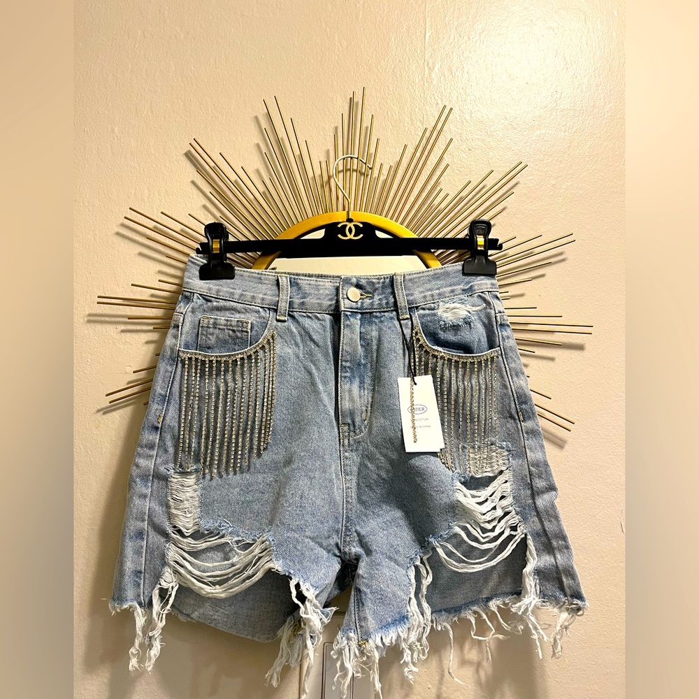 Diamond Tassels Ripped Denim Shorts